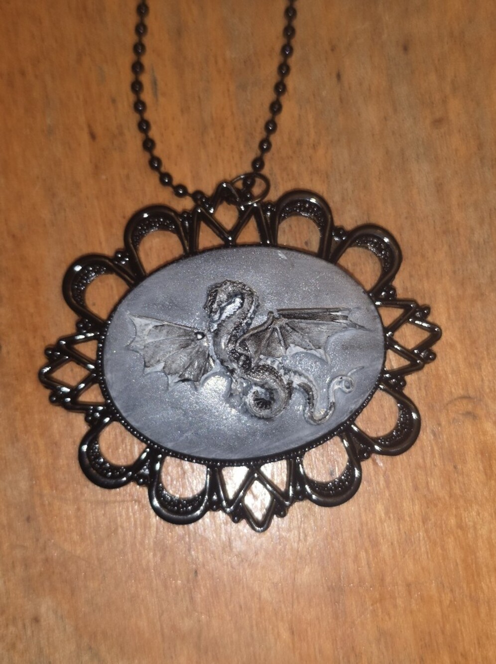 Flying Dragon Cameo Pendant  In A Black Frame On Chain Necklace
